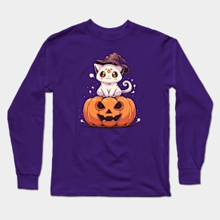 Cat ghost sitting on a pumpkin Long Sleeve T-Shirt